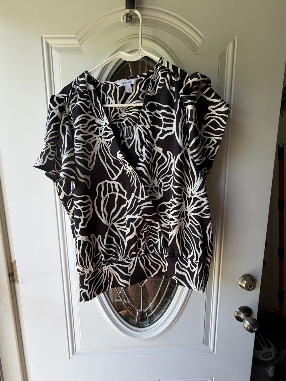 Nine West Black and White Floral Wrap-Style Blouse